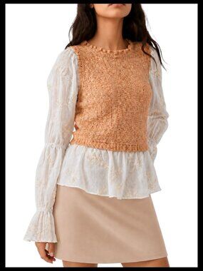 Anthropologie Layered Knit Cropped Vest Cream Orange Lace Embroidered Blouse_S